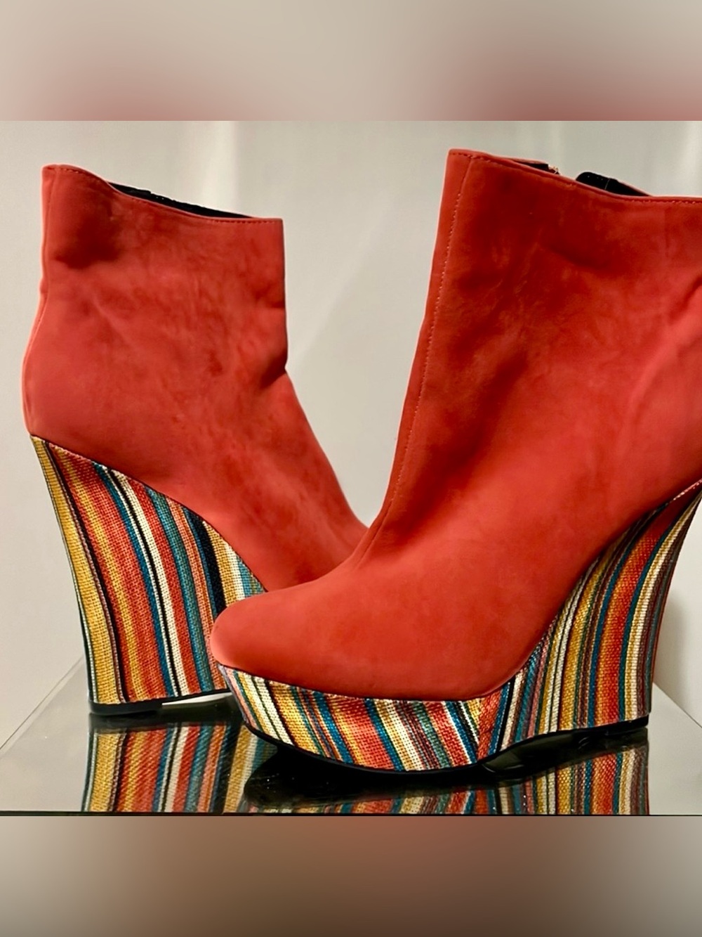 Red Suede Platform Wedge Ankle Boots - Brand